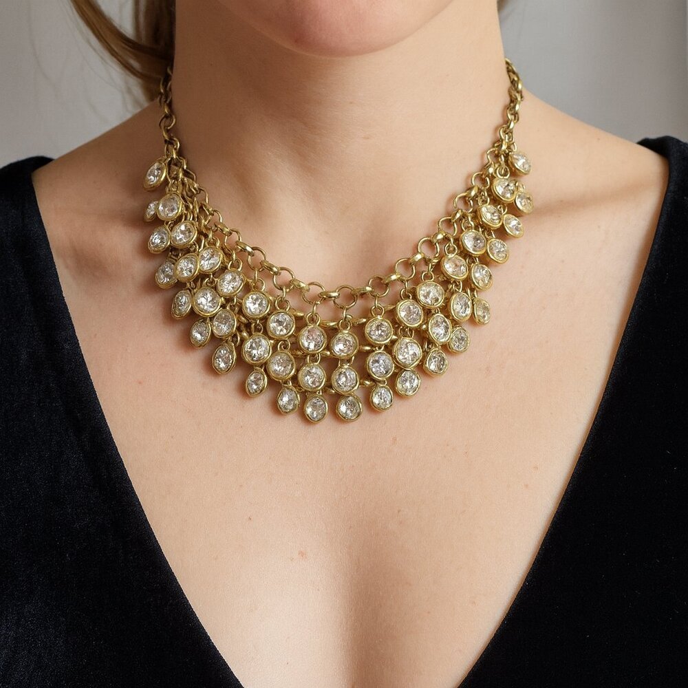 Vintage Signed 2028 Rhinestone Gold‎ Tone Crystal Bib Necklace and Earrings